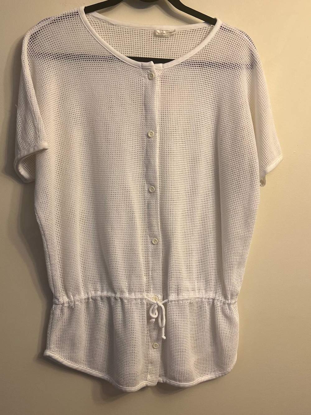 White Short-Sleeve Button-Front Drawstring Mesh Top